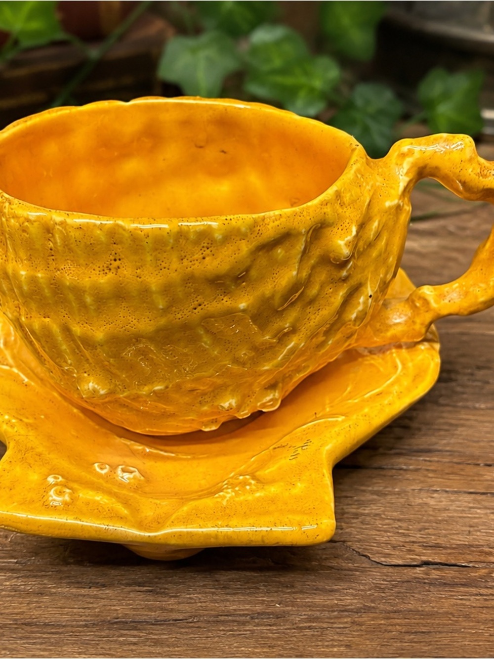 Vintage Portuguese Style Shell Teacup & Saucer Yellow Majolica Style